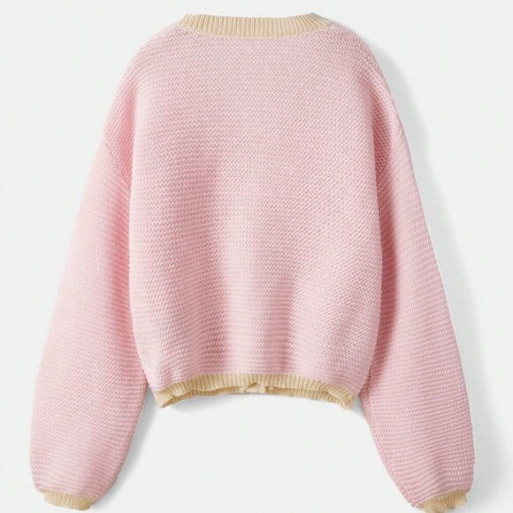 Pink Casual Women's Strawberry Print Bishop Sleeve sweater Cardigan - Picture 4 of 4